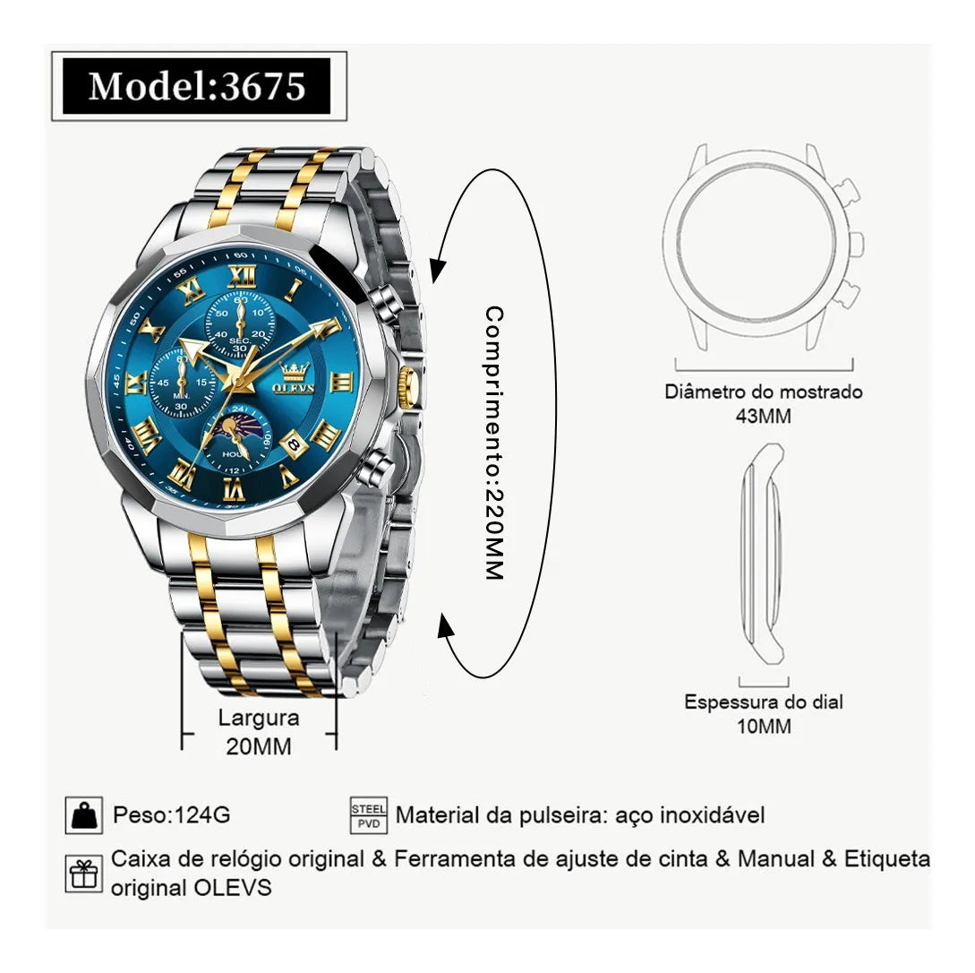 Olevs Relógio Masculino Original Luxo Aço Quartzo 3675