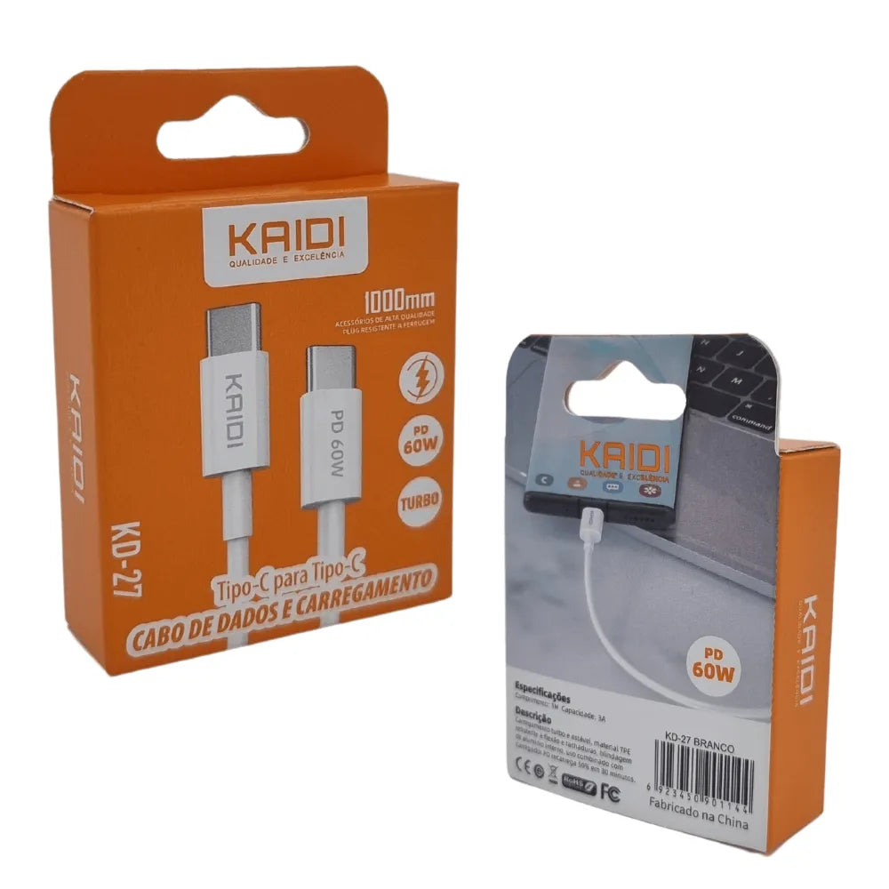 CABO DE DADOS TURBO PD 60W TIPO-C P/ TIPO-C - KAIDI - KD-27