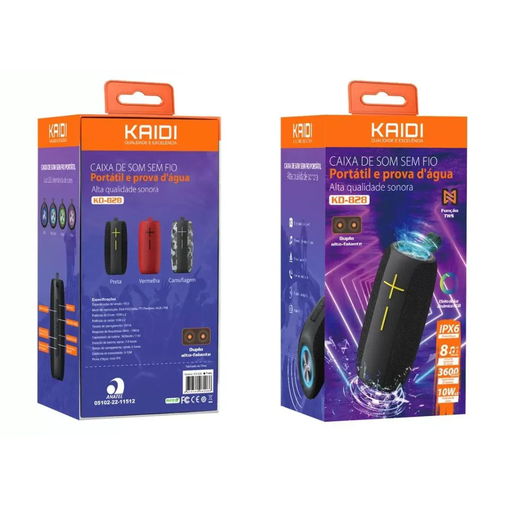 CAIXA DE SOM BLUETOOTH 20W À PROVA D'ÁGUA IPX6 LED RGB - KAIDI - KD-828