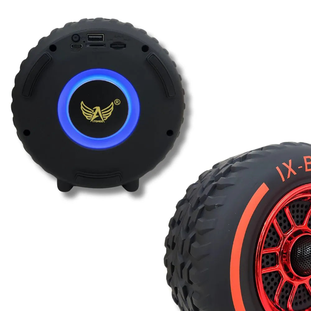 CAIXA DE SOM BLUETOOTH RODA PNEU X-BASS 10W COM LED RGB- ALTOMEX - AL-779